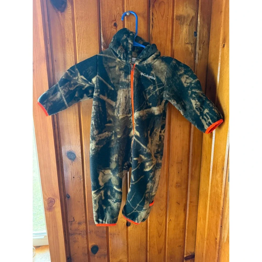 Columbia Kids Camo Fleece Bunting Hooded One Piece Suit Brown Orange 6-12 Months